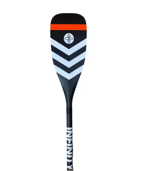 A unisex Infinity Flash Paddle with a black shaft and a combination of orange and white stripes near the blade area.